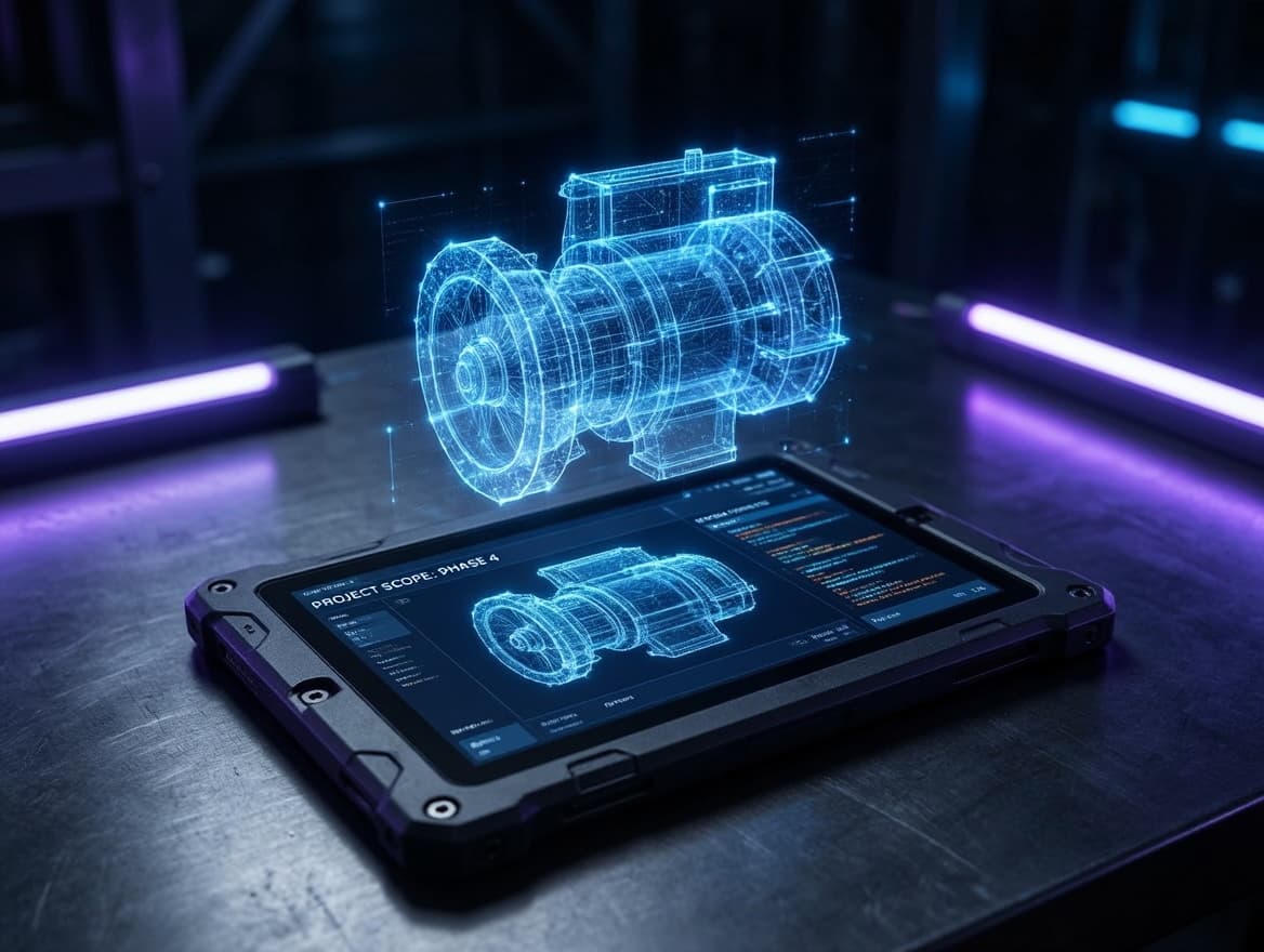 Inspector posting a job scope on a tablet over a technical drawing