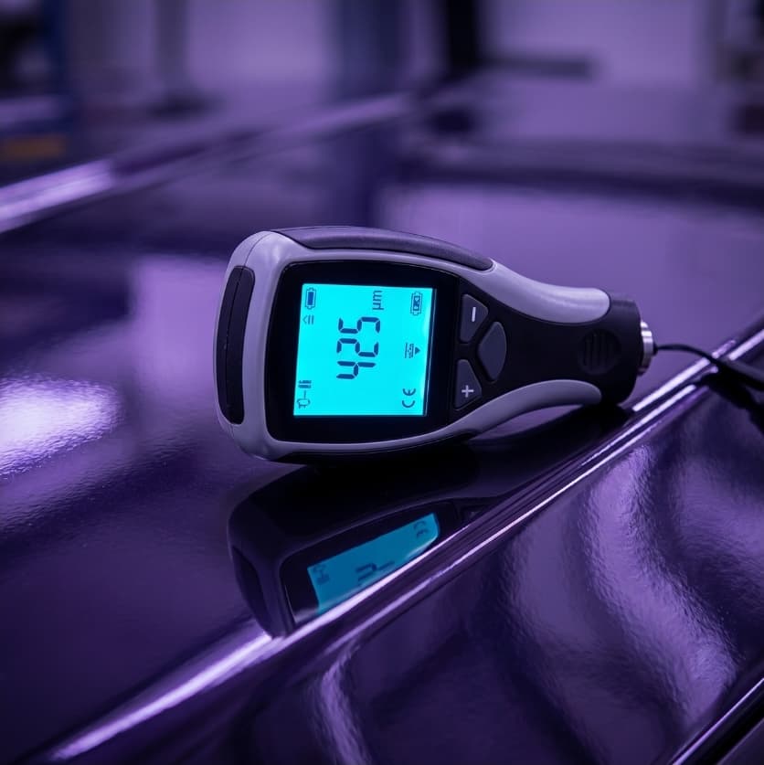 Coating thickness gauge on a painted industrial tank