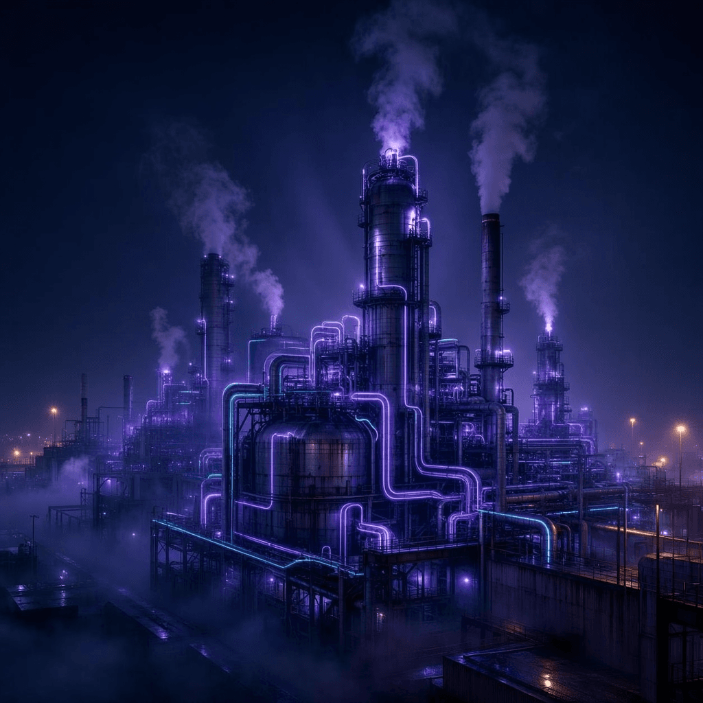Chemical & process inspection, a petrochemical plant at night with a violet schematic overlay