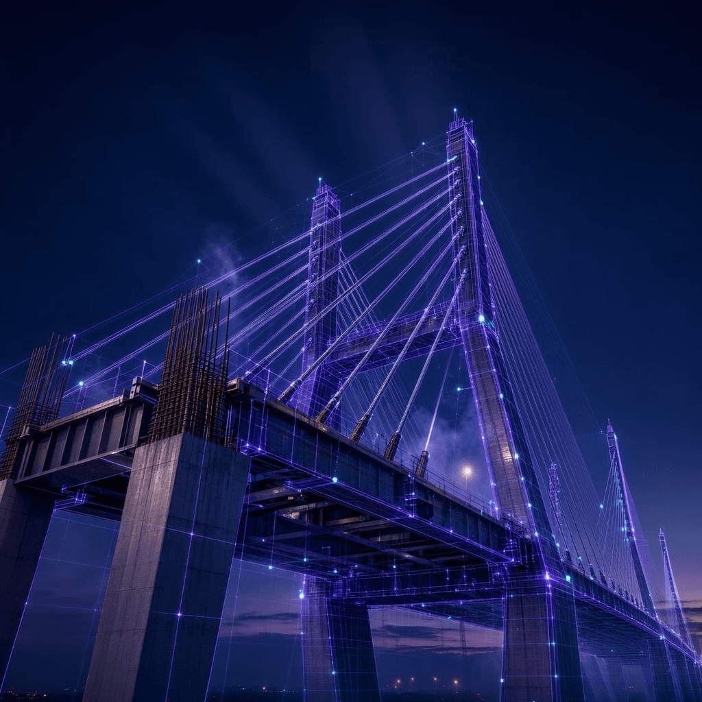 Civil & construction inspection, a bridge under a violet structural survey grid