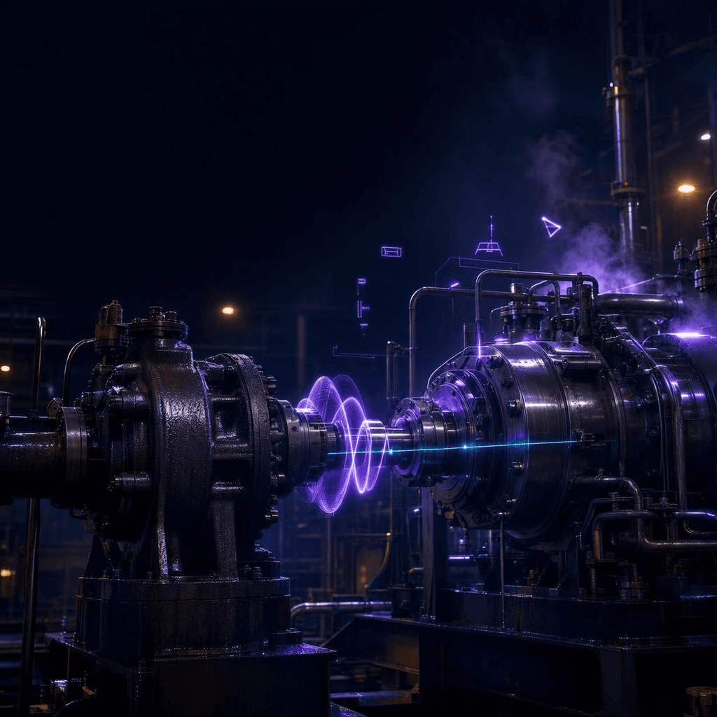 Mechanical-field inspection, rotating equipment with a violet vibration-analysis overlay